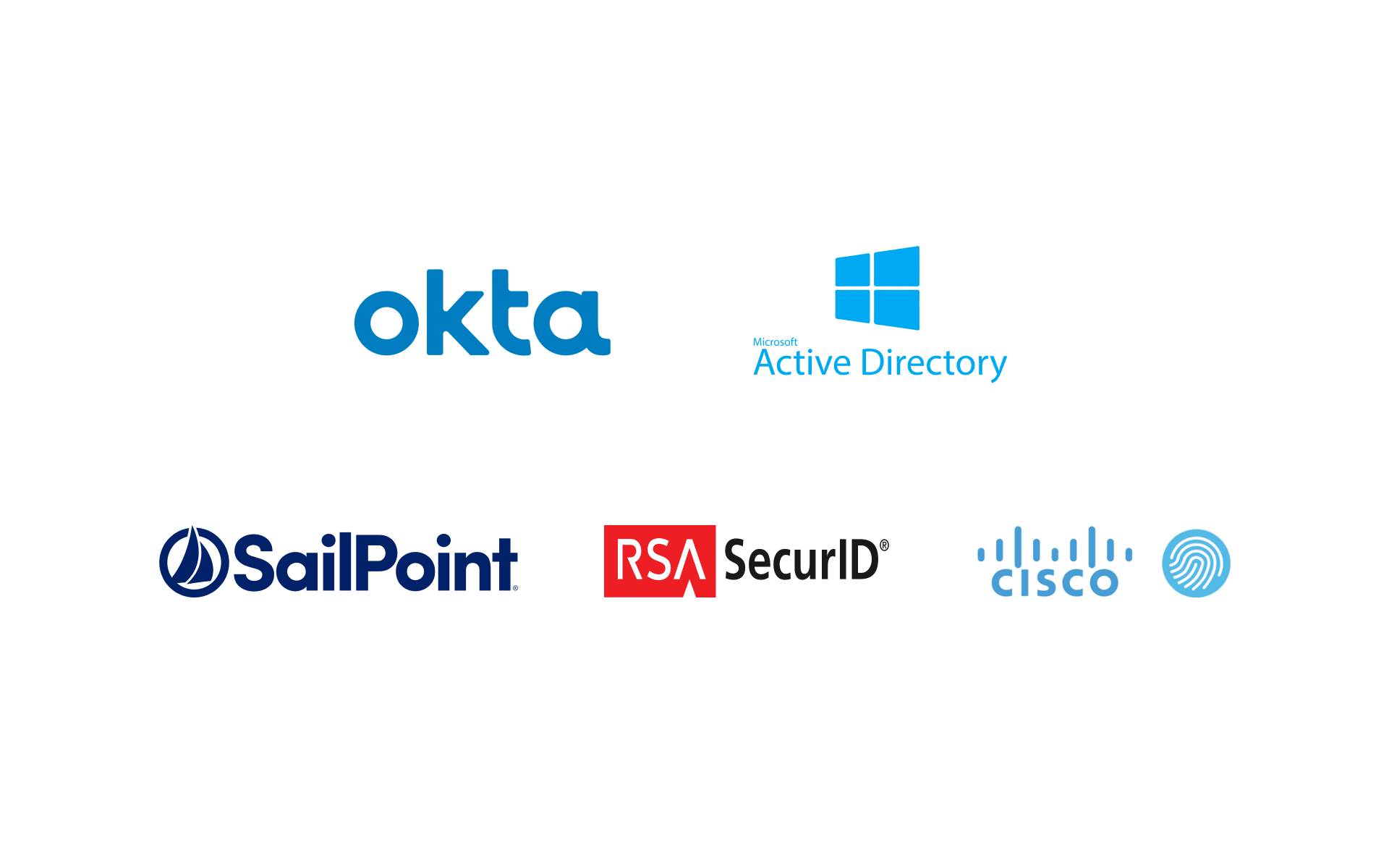 Image showing logos of services that Dispel integrates with: Okta, Active Directory, RSA SecurID, SailPoint, Cisco ISE