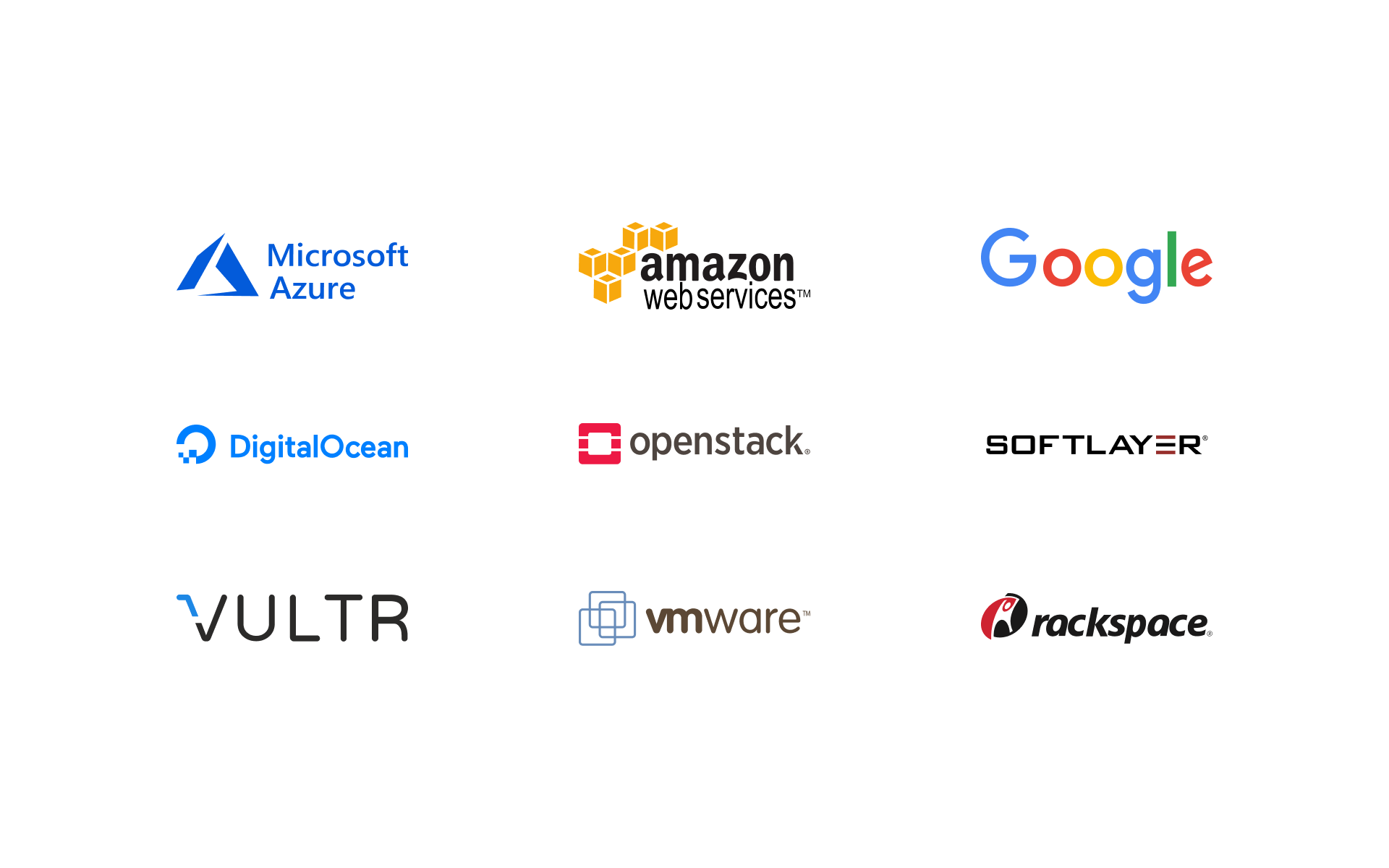 Azure, AWS, Google Cloud, DigitalOcean, OpenStack, SoftLayer, Vultr, VMware, Rackspace.